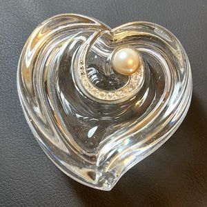 Vintage Lenox Heart Shaped Glass Trinket Box with Pearl and Rhinestone Swirl